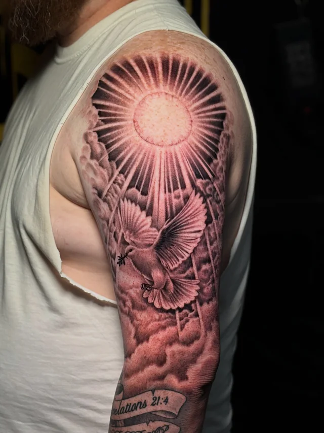 Bird in flight among shaded clouds beneath a radiant circular light on an upper arm.