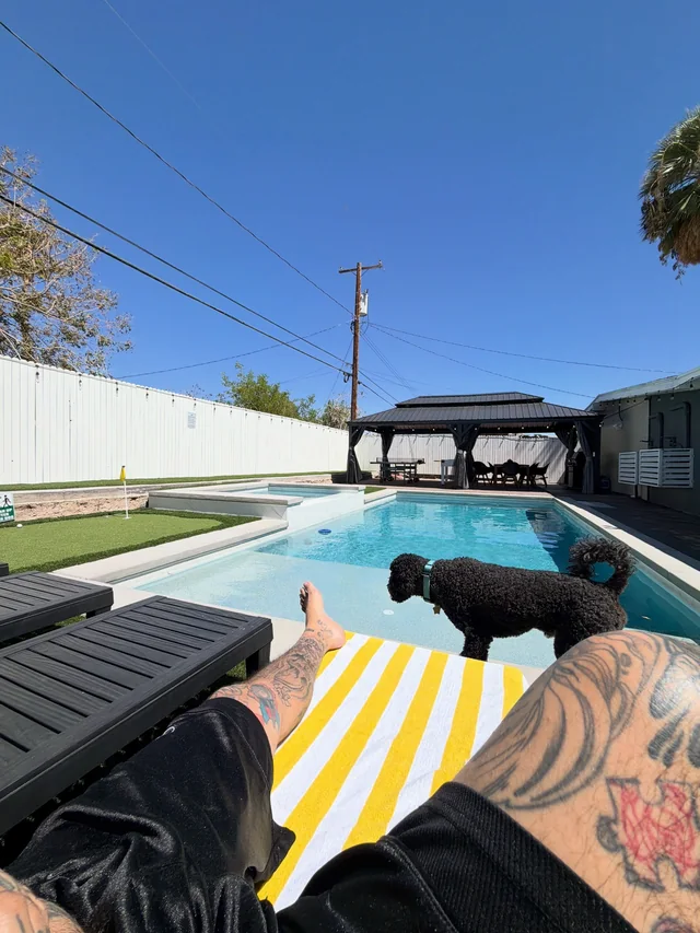 Poolside scene with reclining legs, a tattooed arm and a dog beside the chair.