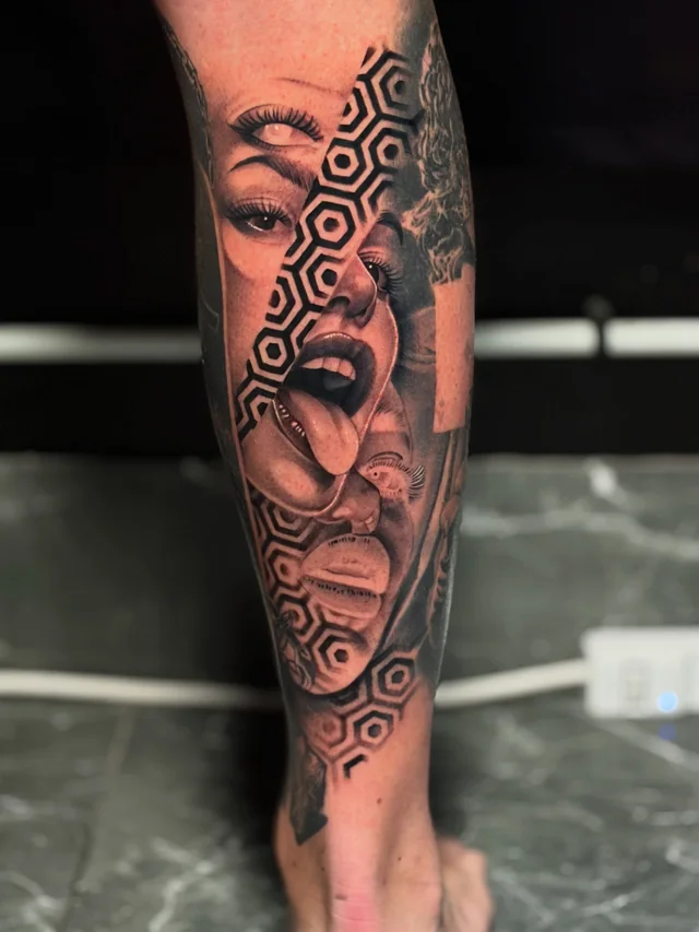 Black and grey facial portraits separated by geometric shapes on a lower leg.