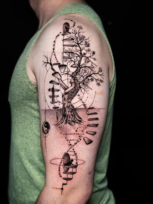 Upper-arm tattoo showing a branching tree within curved rows of rectangles, dotted circles and diagram-like lines.