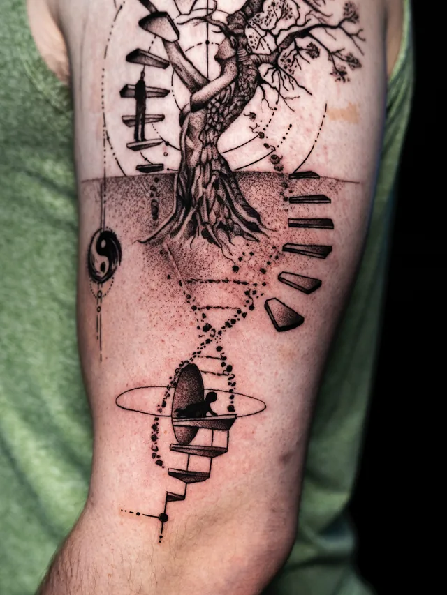 Detail of the tree roots and lower orbital geometric forms in the same upper-arm tattoo.
