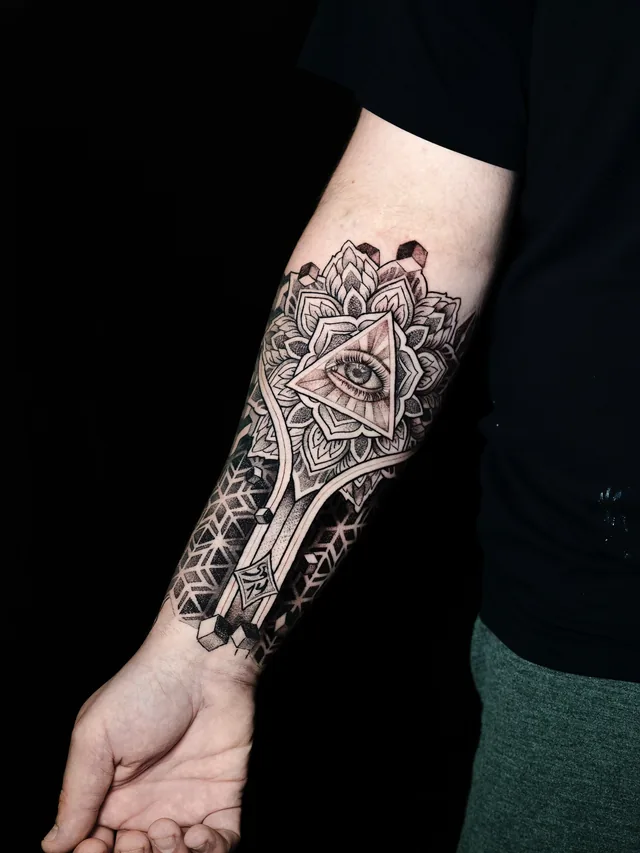 Forearm tattoo with an eye inside a triangle, surrounded by a layered mandala and geometric grids.