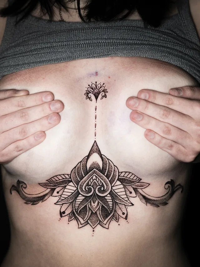Symmetrical underbust tattoo with a central pointed flower, leaves and mirrored curls connected to a small sternum ornament.