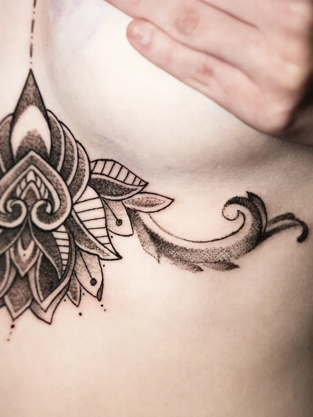Detail of the pointed central petals and curving side border in the same underbust tattoo.