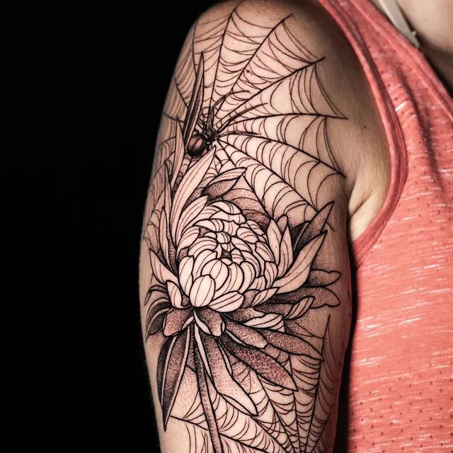 Upper-arm tattoo with a layered flower, a spider and an outlined web spreading around the shoulder.