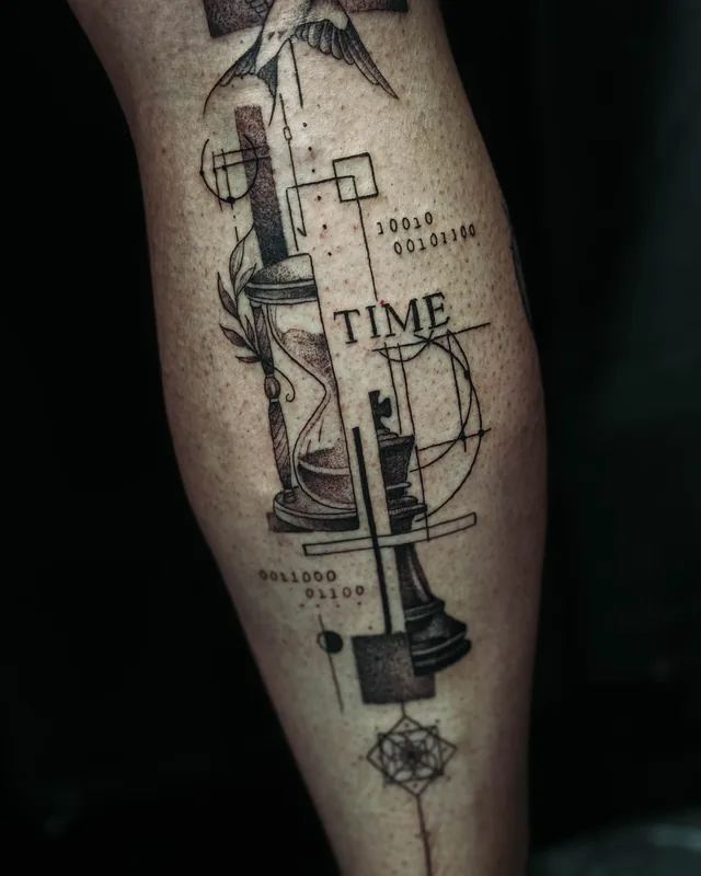 Lower-leg tattoo with an hourglass, chess piece, bird and the word TIME joined by thin geometric lines and numerals.