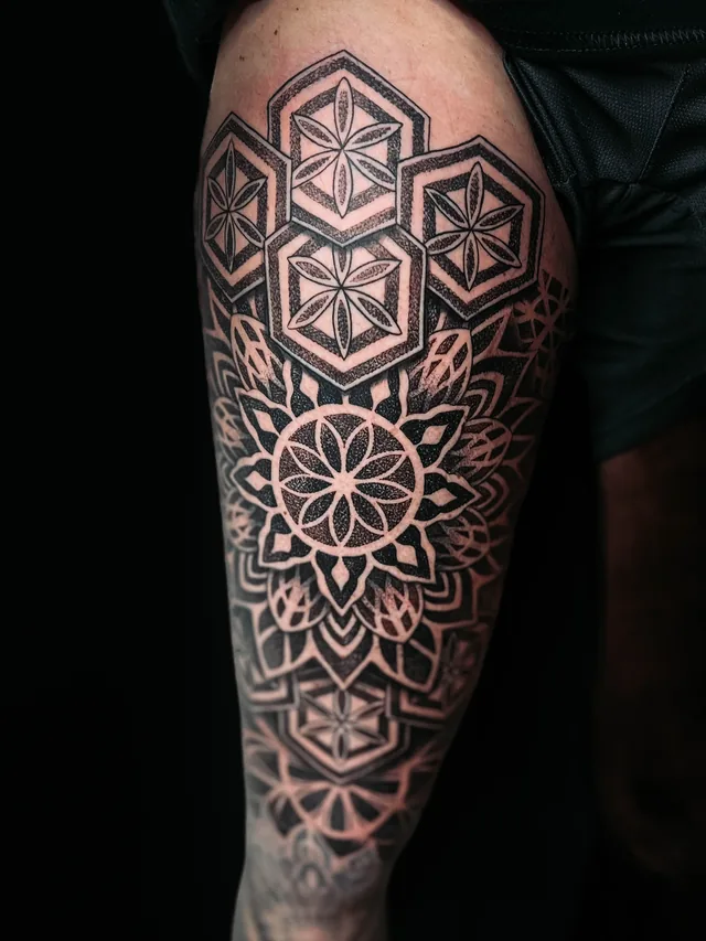 Arm tattoo with six-petal hexagonal panels above a large circular mandala and smaller connected geometric patterns.