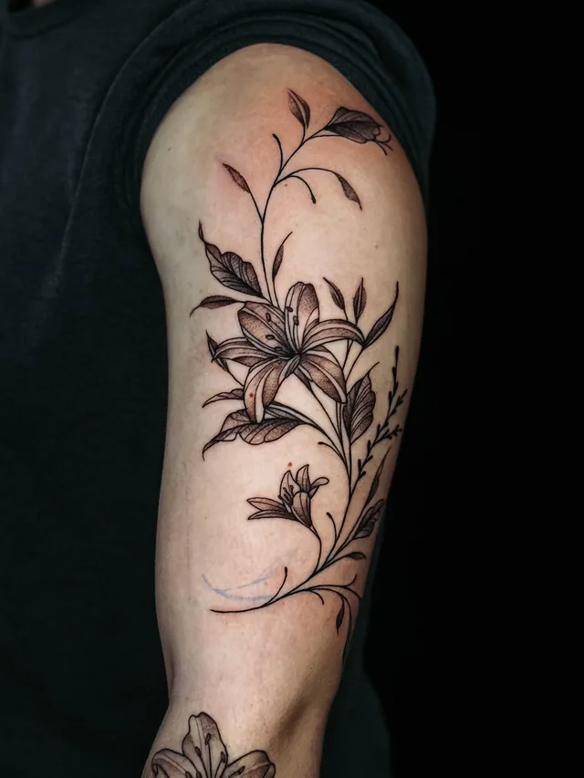 Upper-arm botanical tattoo with a lily-like flower, curved leaves and a slender branching vine.
