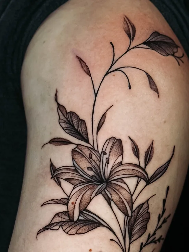 Detail of the central flower, shaded leaves and thin branching stems in the same upper-arm tattoo.