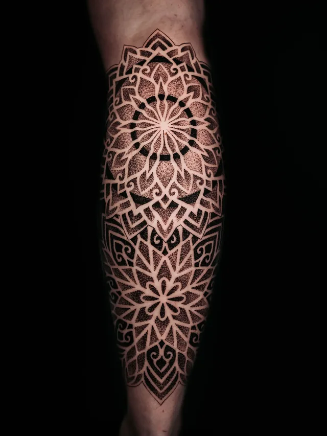 Elongated black mandala with a large radial flower, smaller lower rosette and pointed ornamental borders on a cropped limb.