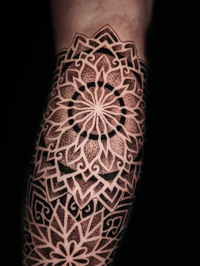 Closer angled view of the large radial flower and curling border details in the same mandala tattoo.