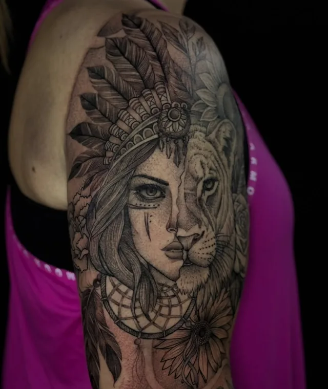 Angled view of the same split human-and-lion portrait, showing the feathered headdress and lower flower.
