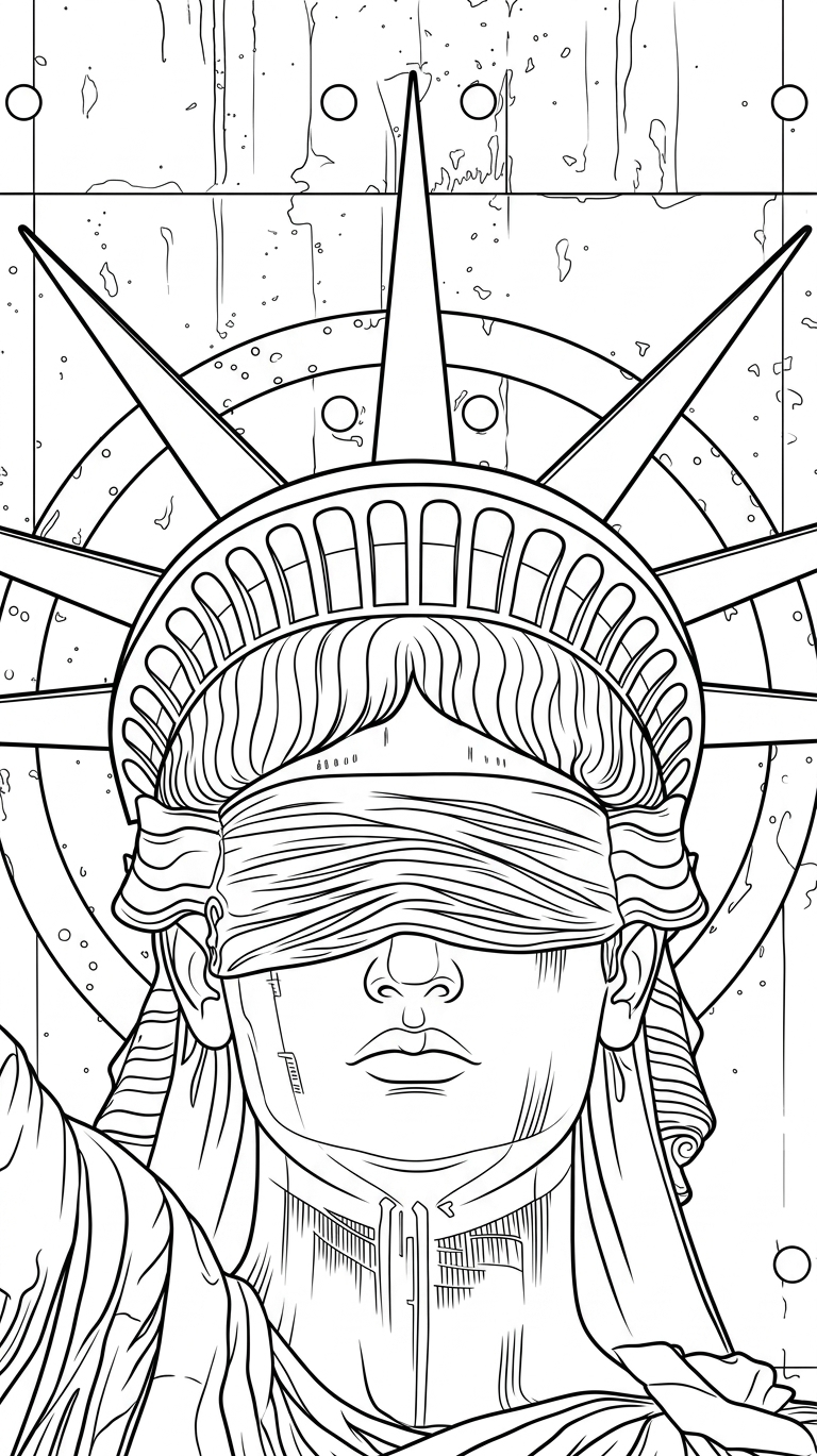 Black linework design: blindfolded liberty.