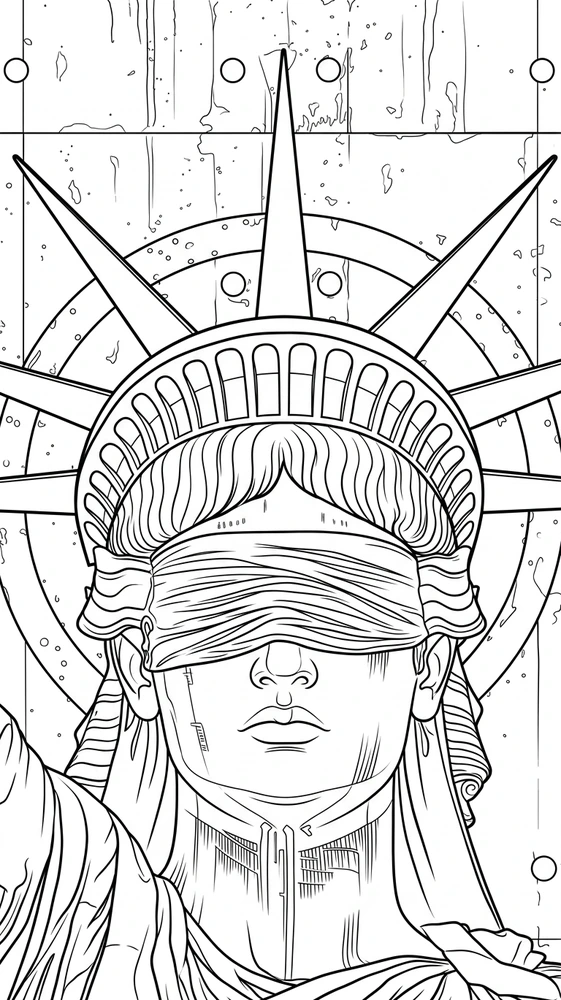 Black linework design: blindfolded liberty.