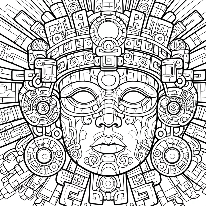 Black linework design: mesoamerican sun mask.