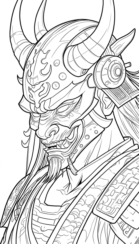 Black linework design: horned samurai armor.
