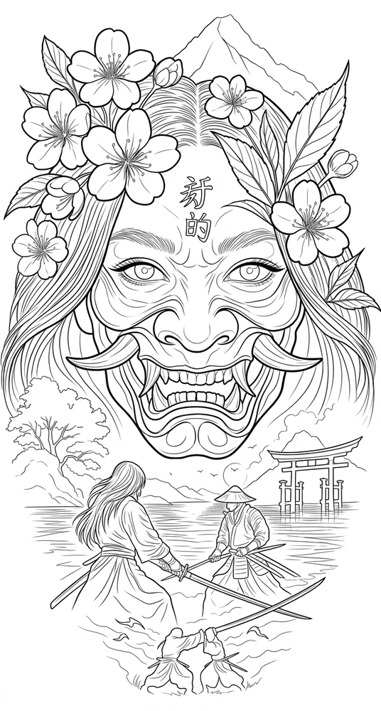 Black linework design: floral mask and swordsmen.