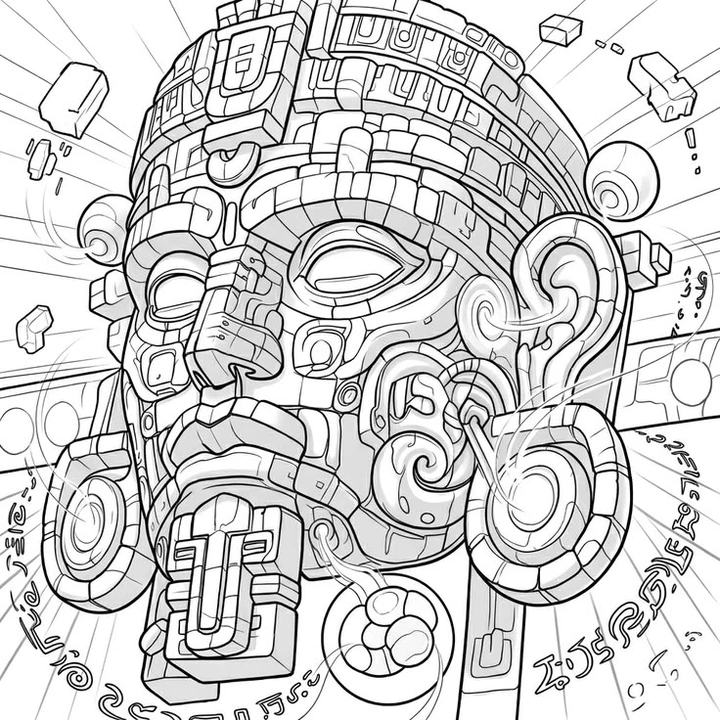 Black linework design: mesoamerican stone face.