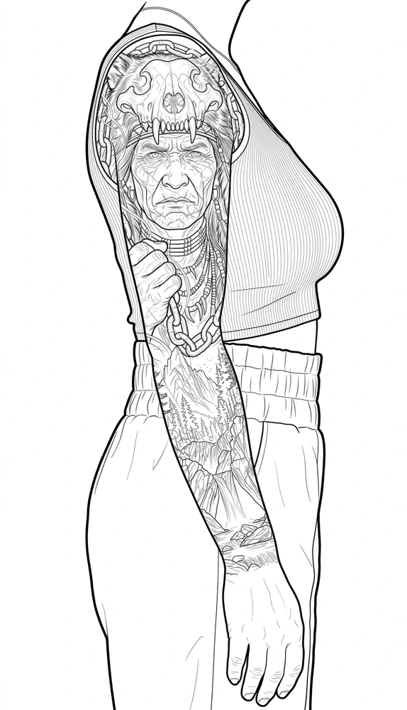 Arm placement study: jaguar headdress.