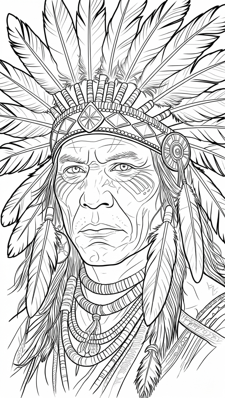 Black linework design: feathered headdress portrait.