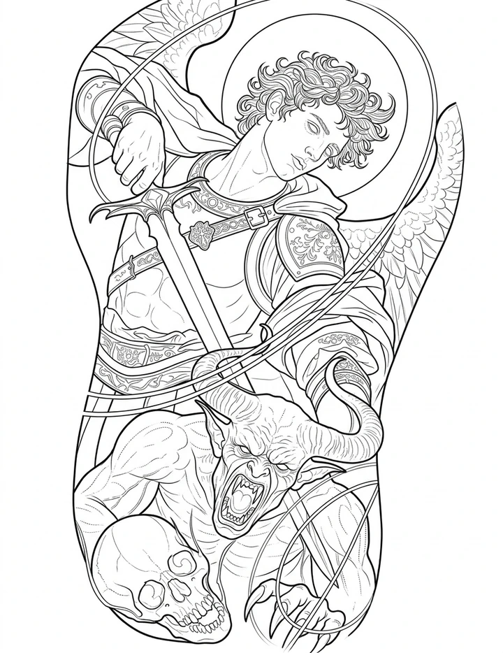 Black linework design: archangel with sword and scales.