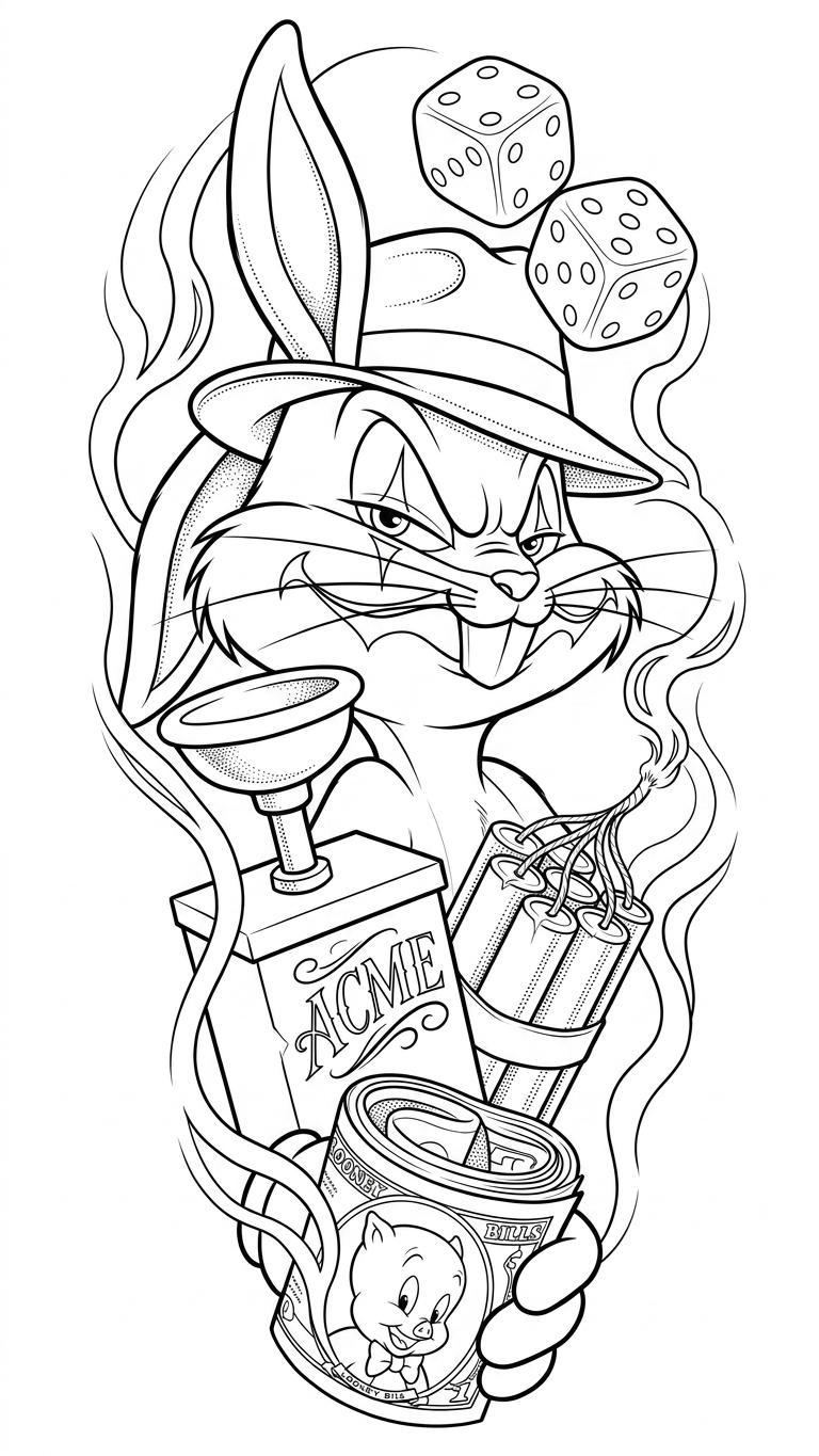 Black linework design: bugs bunny and dice.