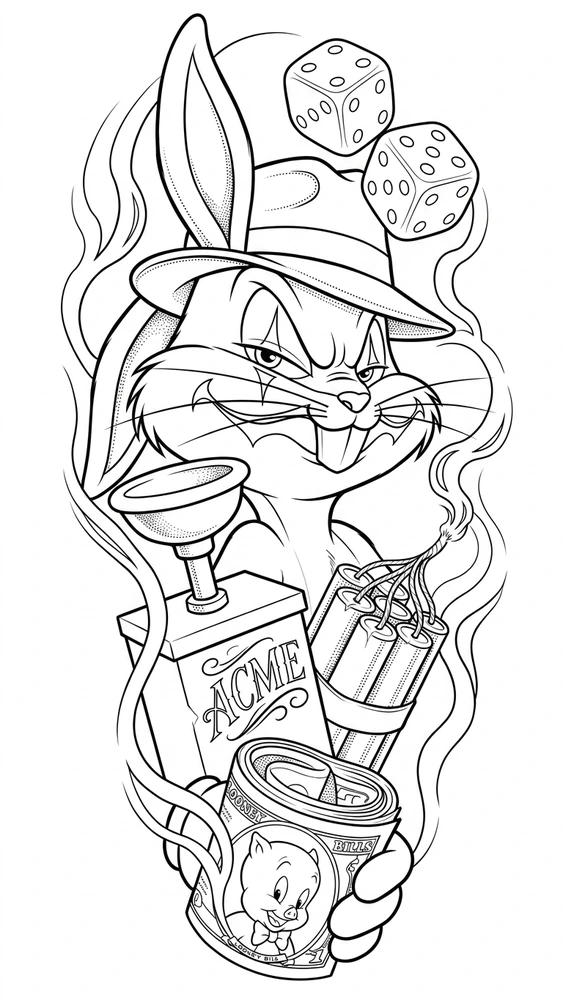 Black linework design: bugs bunny and dice.