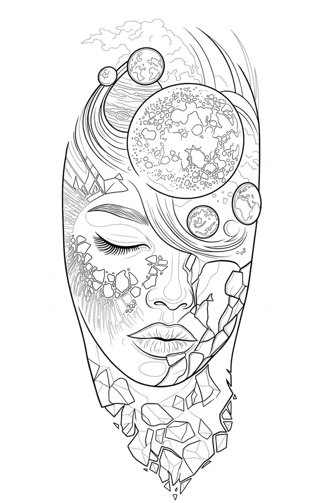 Black linework design: cosmic fractured face.