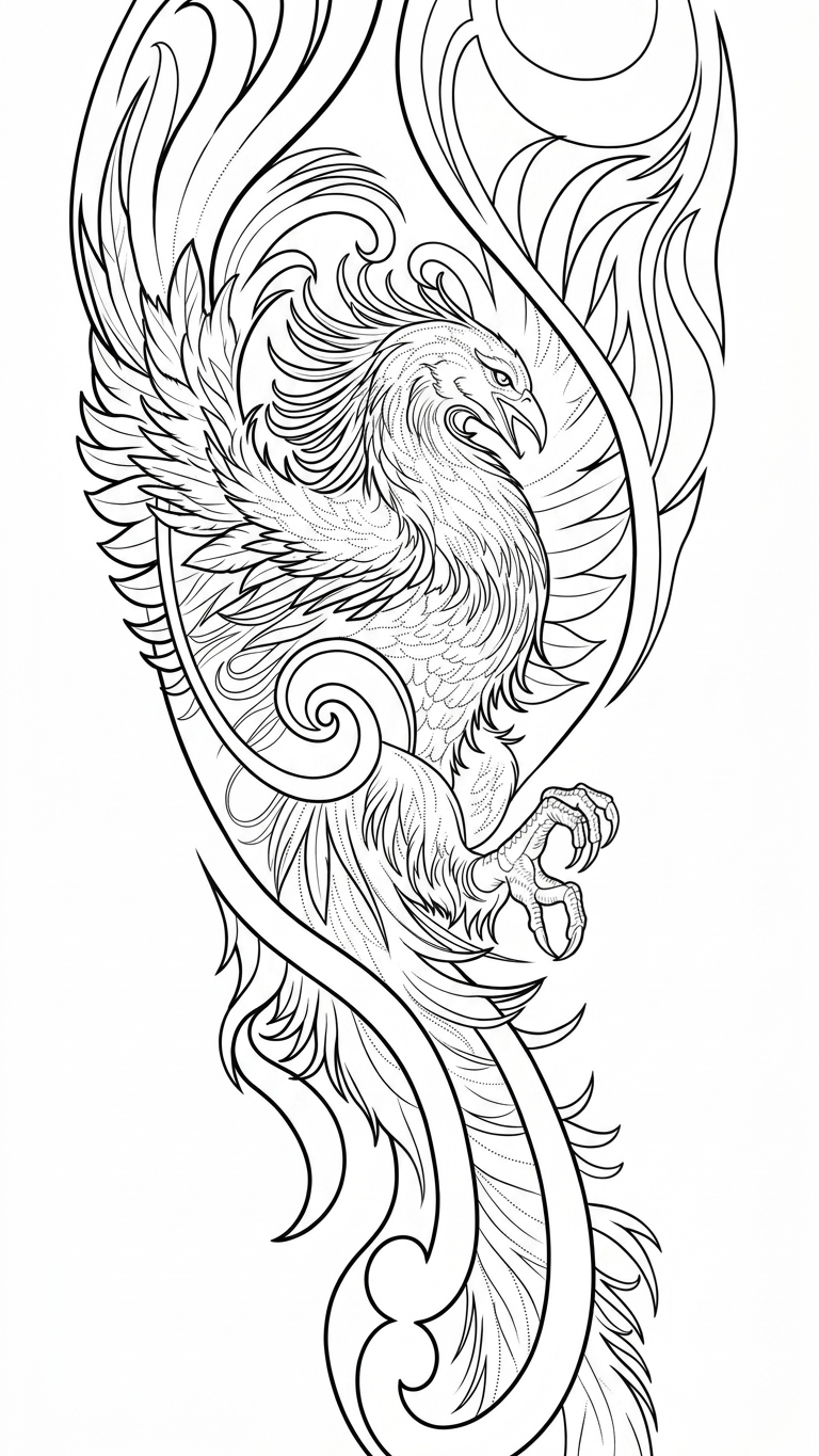 Black linework design: rising phoenix.