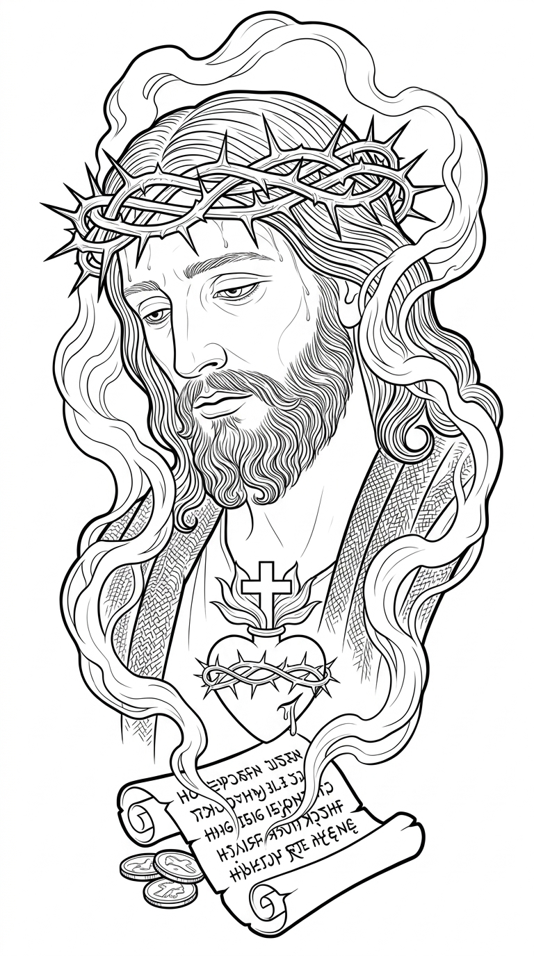 Black linework design: sacred heart of jesus.