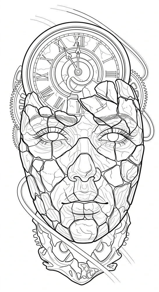 Black linework design: fractured face and clock.