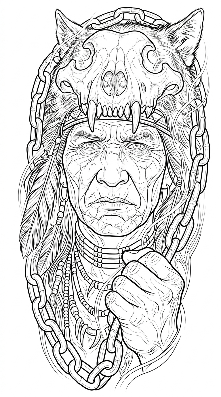 Black linework design: warrior with animal headdress.