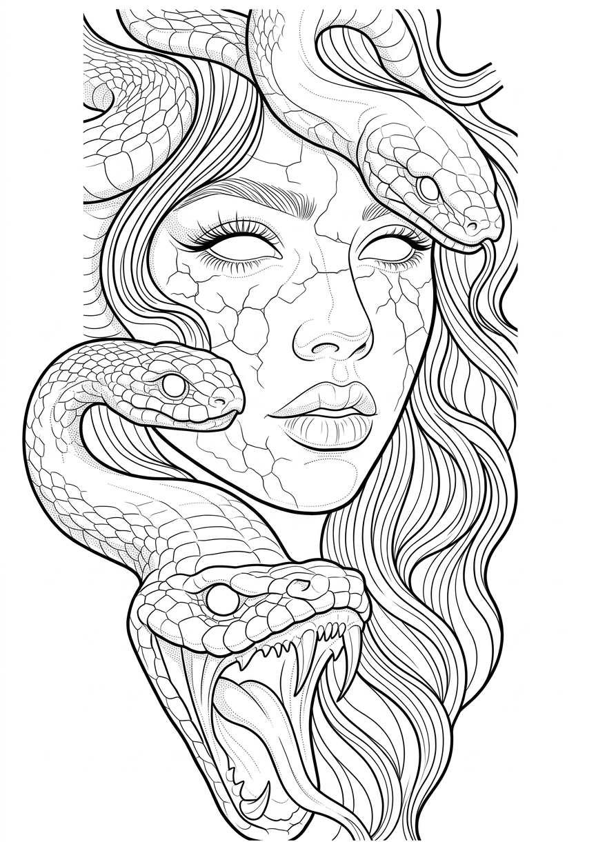 Black linework design: medusa and serpents.