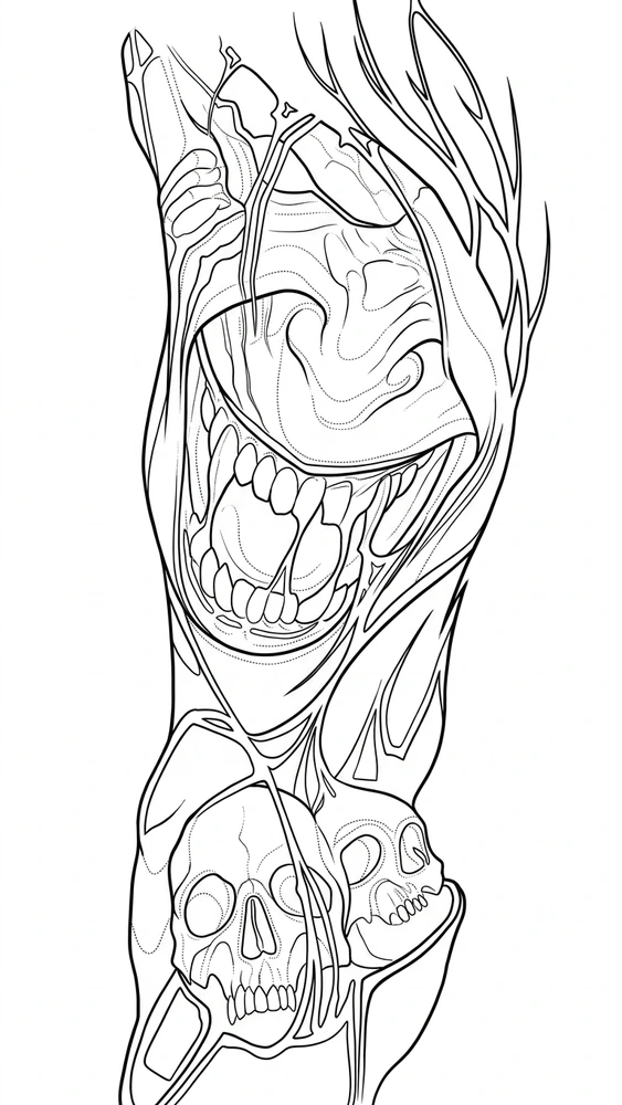 Black linework design: grinning face and skull.