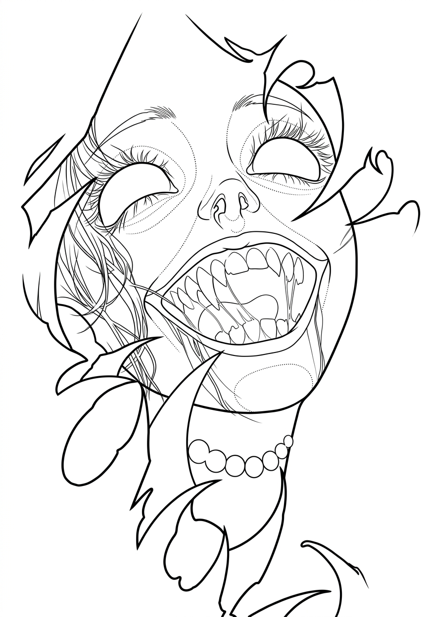 Black linework design: fractured smiling portrait.
