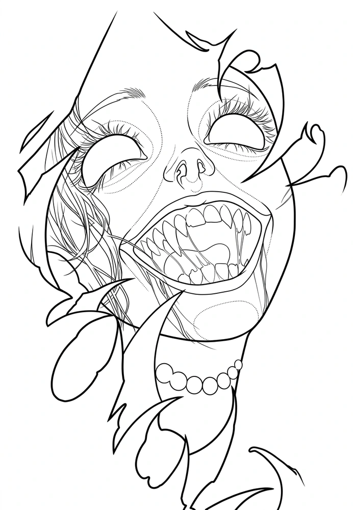 Black linework design: fractured smiling portrait.