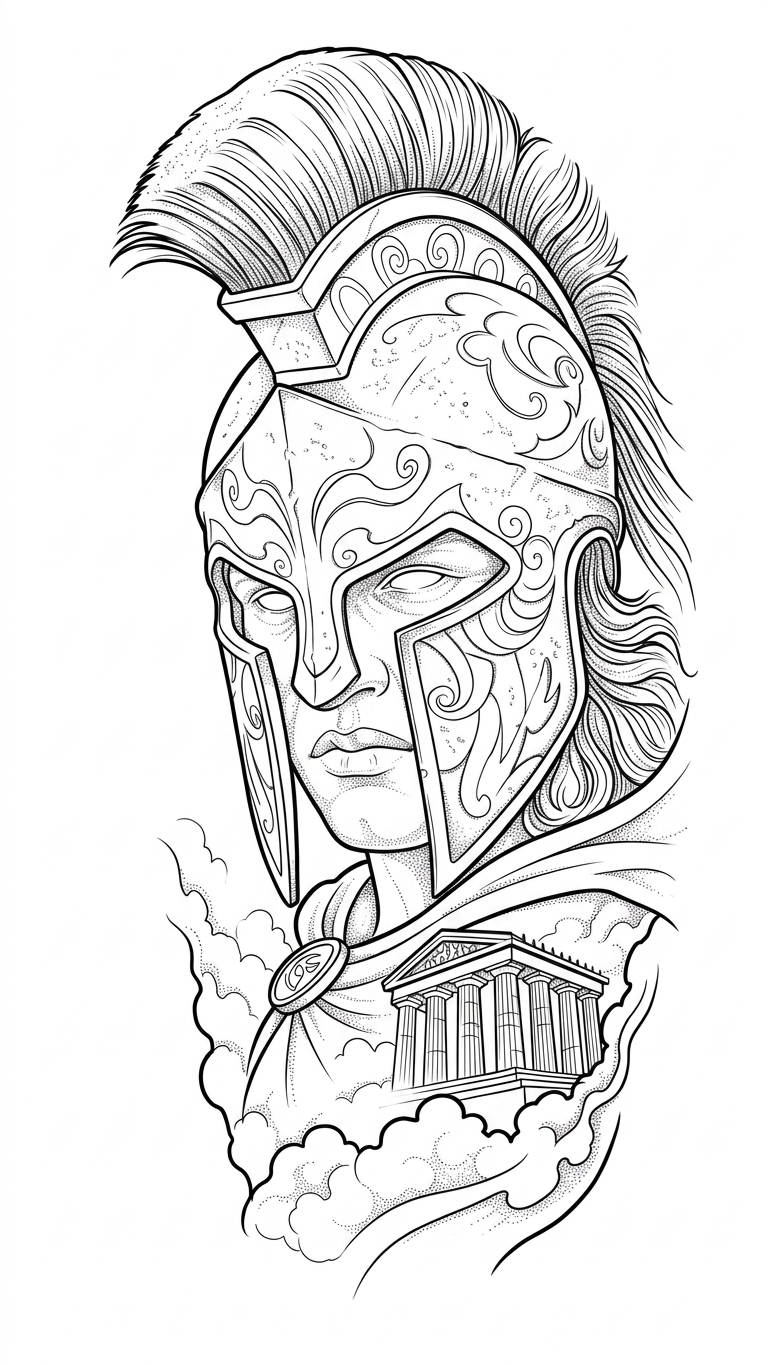 Black linework design: classical warrior and temple.