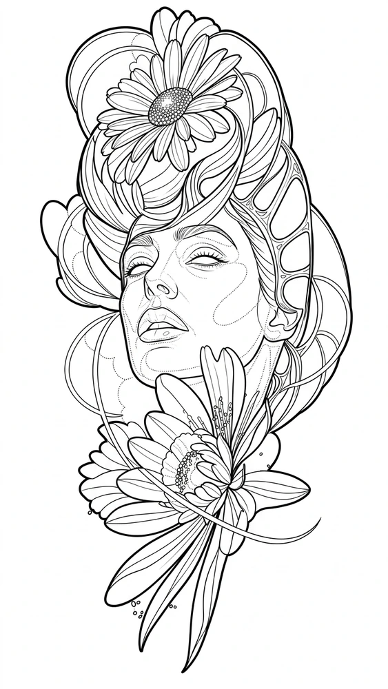 Black linework design: woman among daisies.