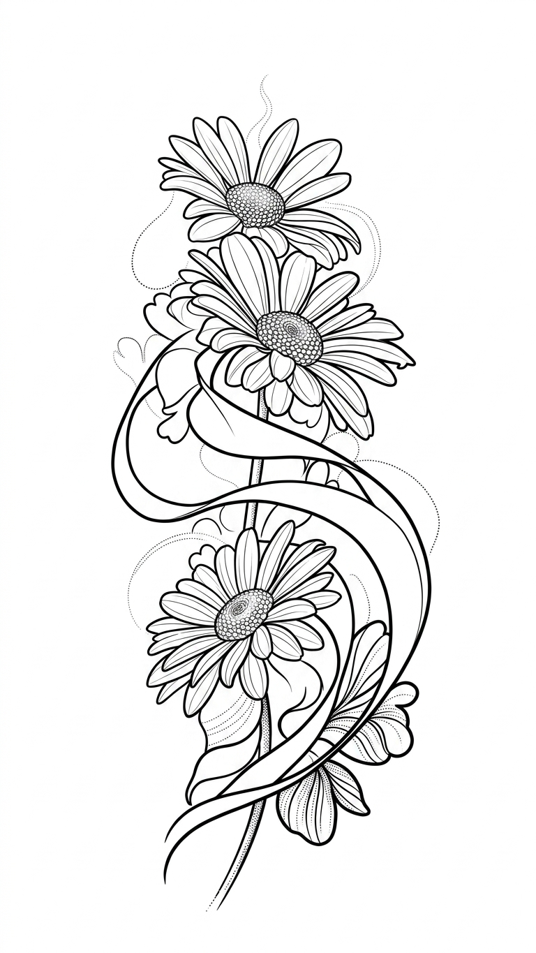 Black linework design: flowing daisies.