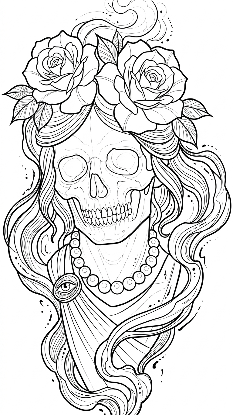 Black linework design: skull with roses and pearls.