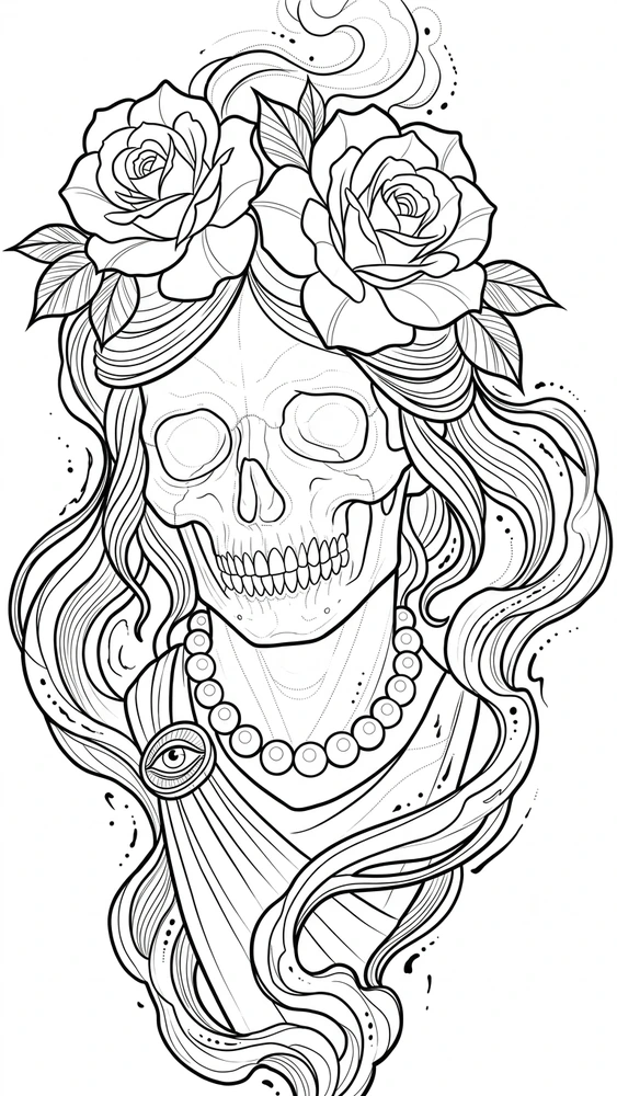 Black linework design: skull with roses and pearls.