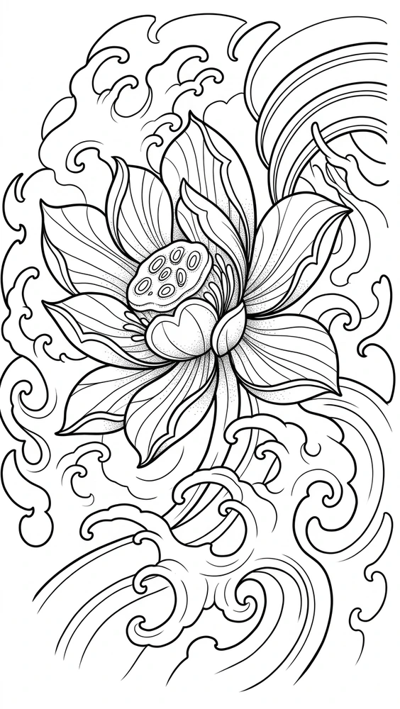 Black linework design: lotus and rolling waves.