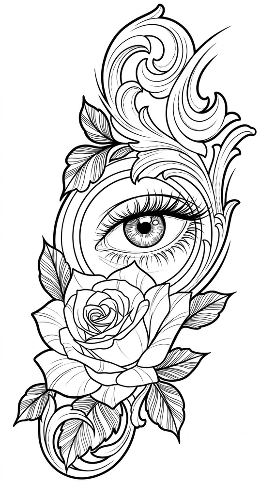 Black linework design: eye with rose and ornament.