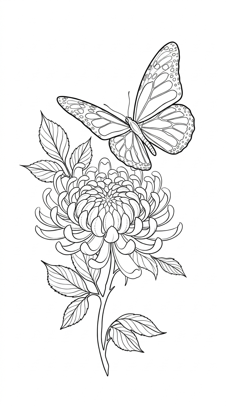 Black linework design: butterfly above chrysanthemum.