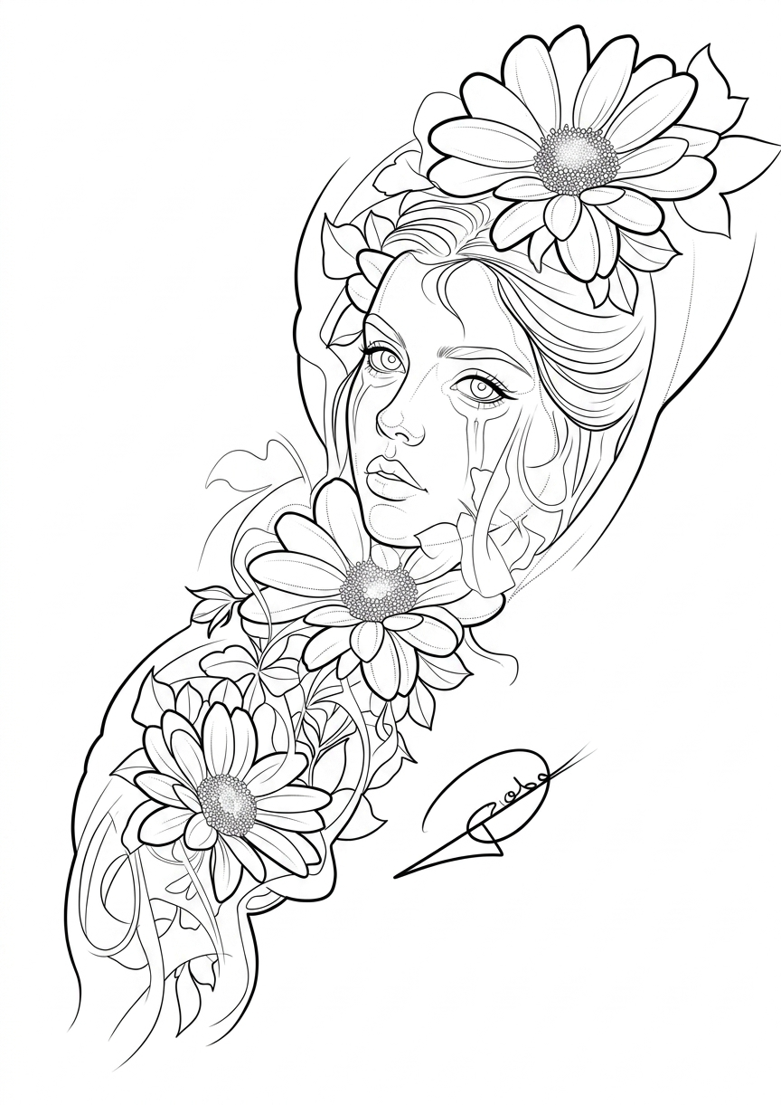 Black linework design: floral portrait with flowing hair.
