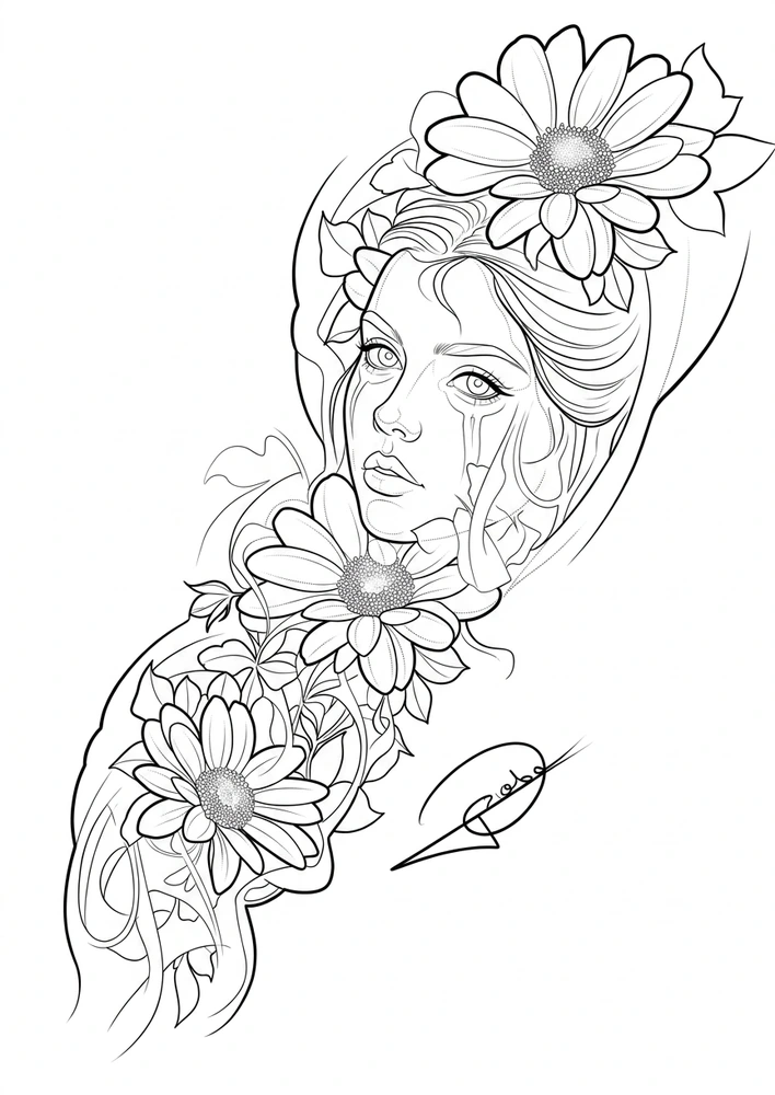 Black linework design: floral portrait with flowing hair.