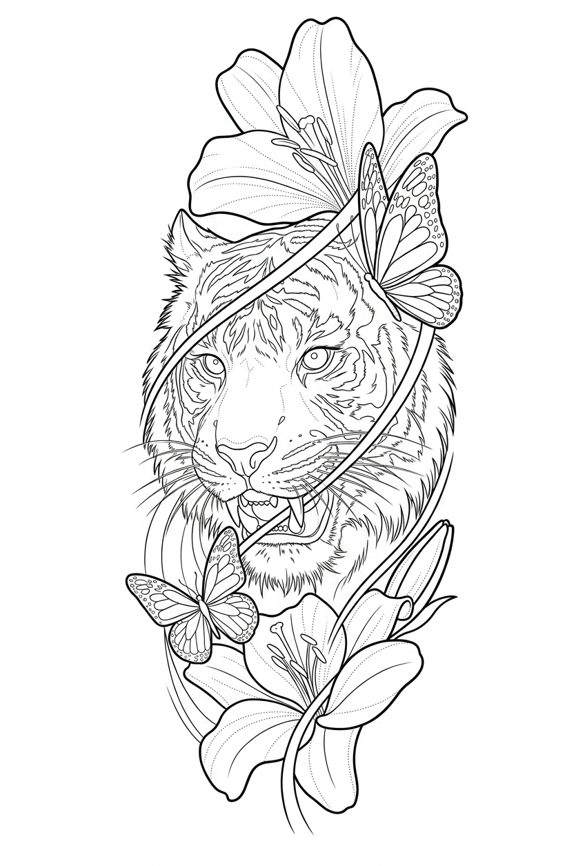Black linework design: tiger with butterfly and flowers.