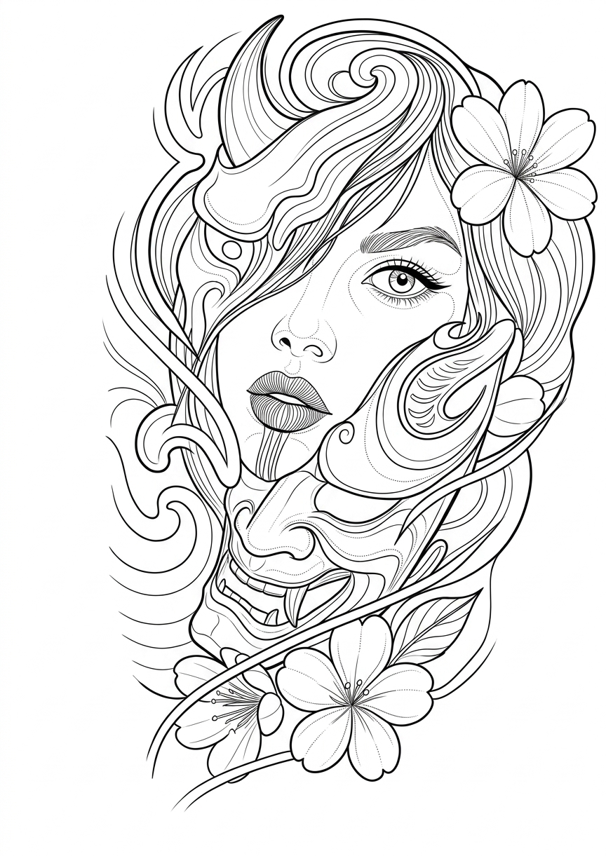 Black linework design: woman with sweeping floral hair.