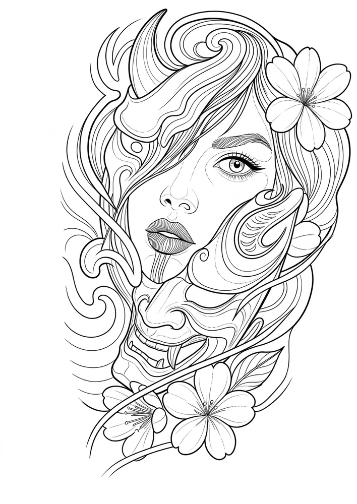 Black linework design: woman with sweeping floral hair.