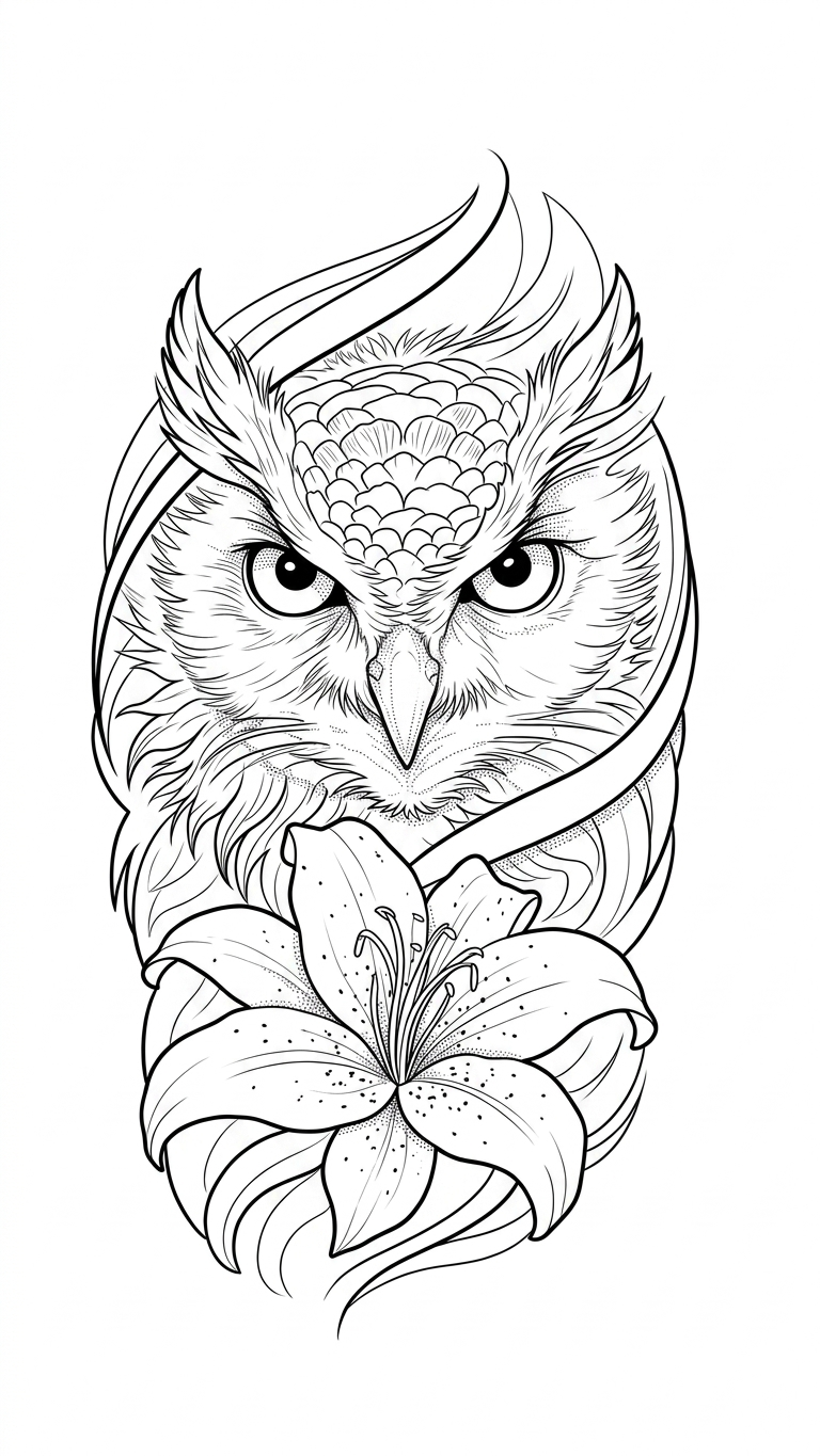 Black linework design: owl above lily.